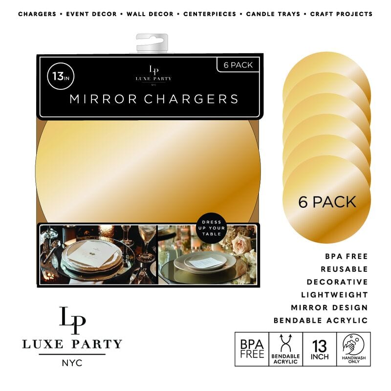 Luxe Party NYC Chargers 13" Gold Round Light Weight Mirror Charger Plate | 1 Charger