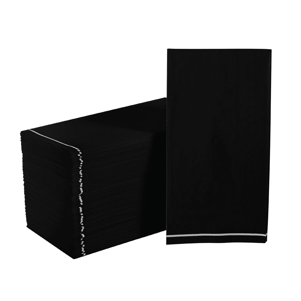 Luxe Party Napkins 16 Guest Napkins - 4.25" x 7.75" Black with Silver Stripe Guest Paper Napkins | 16 Napkins