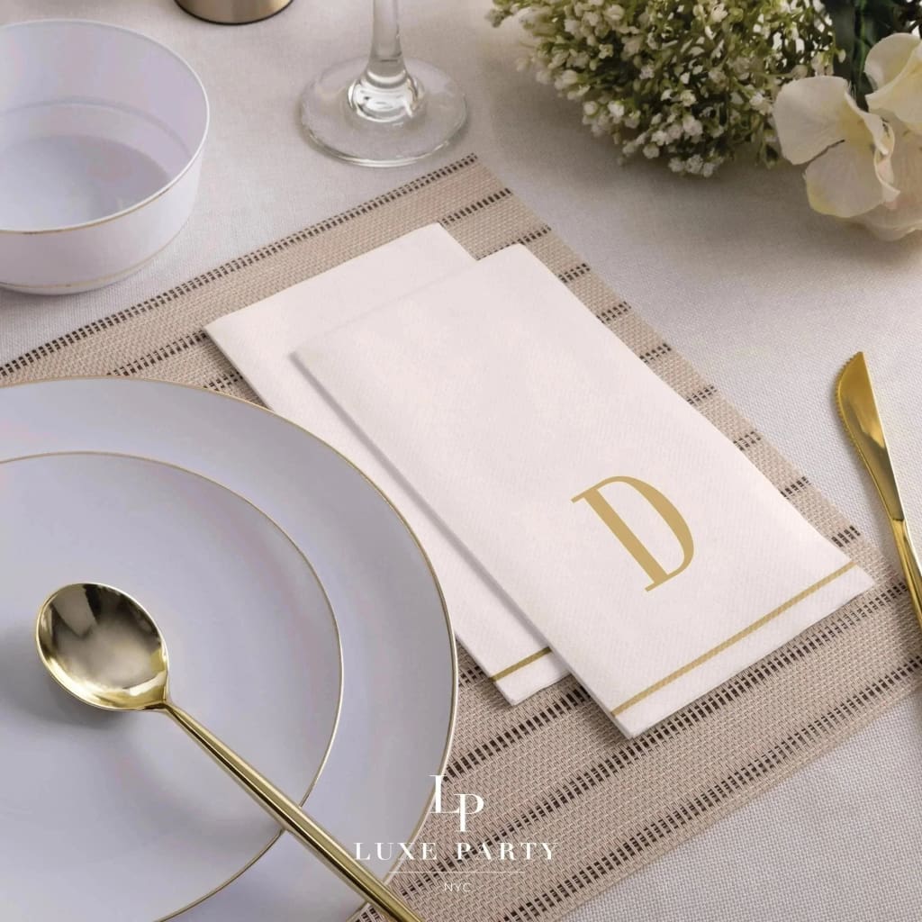 Luxe Party Napkins 14 Guest Napkins - 4.25" x 7.75" Letter D Gold Monogram Paper Disposable Dinner Napkins | 14 Napkins