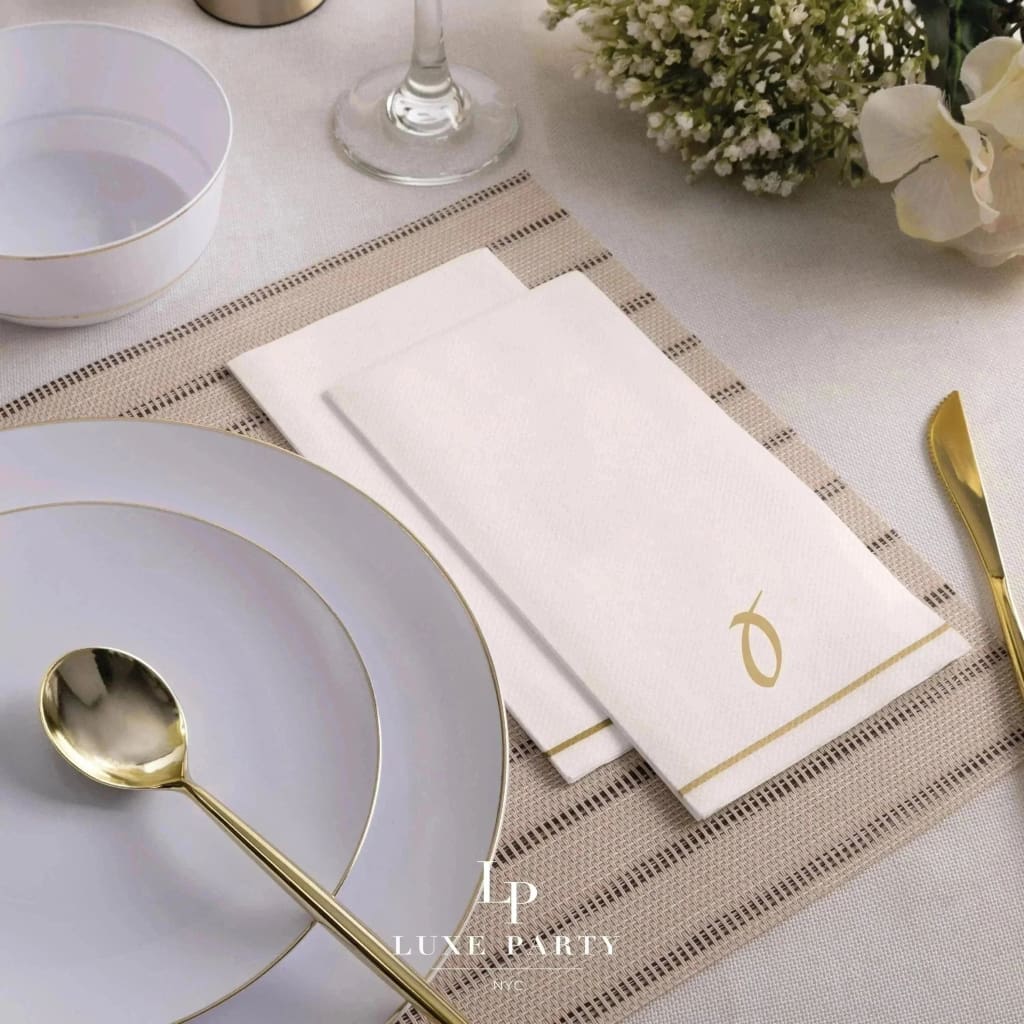 Luxe Party NYC Napkins 14 Guest Napkins - 4.25" x 7.75" White and Gold Hebrew AYIN Paper Dinner Napkins | 14 Napkins