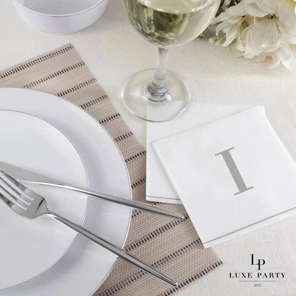 Luxe Party Napkins 16 Cocktail Napkins - 5" x 5" Letter I Silver Monogram Cocktail Paper Disposable Napkins | 16 Napkins