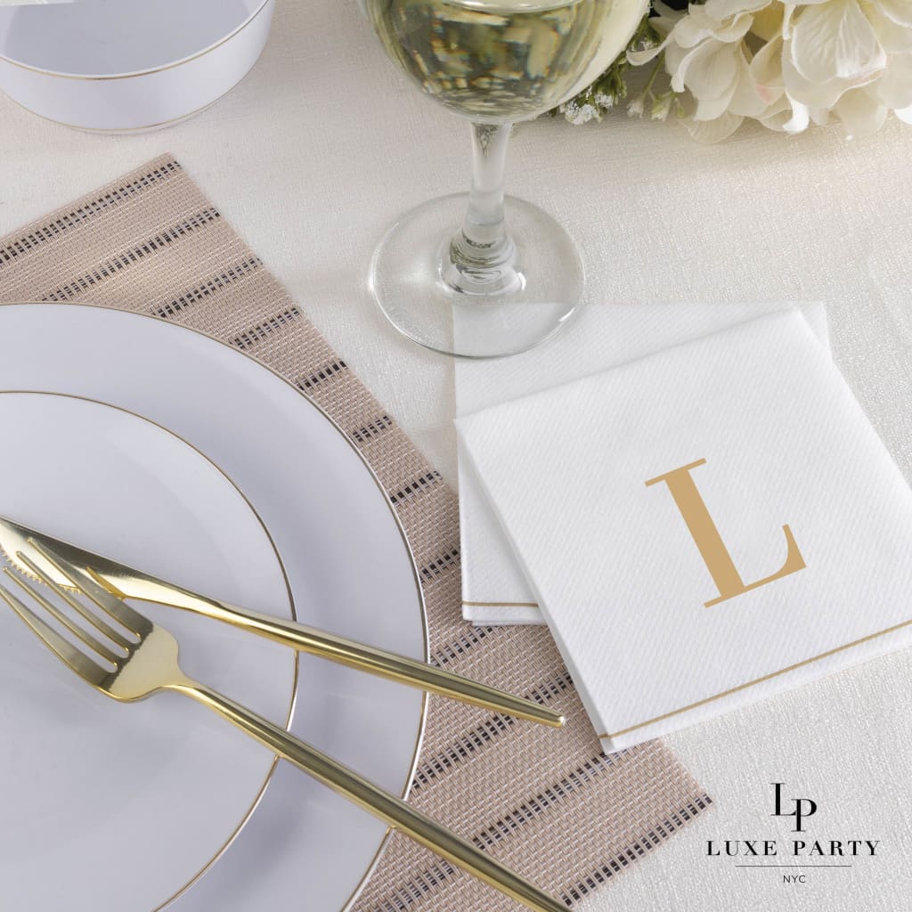 Luxe Party Napkins 16 Cocktail Napkins - 5" x 5" Letter L Gold Monogram Cocktail Paper Disposable Napkins | 16 Napkins