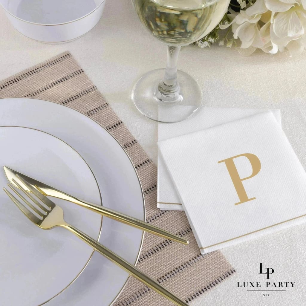 Luxe Party NYC Napkins 16 Cocktail Napkins - 5" x 5" Letter P Gold Monogram Cocktail Paper Disposable Napkins | 16 Napkins