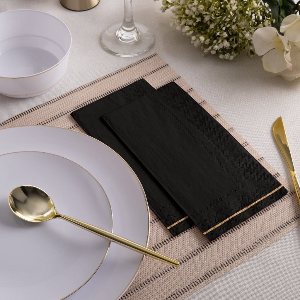 Luxe Party Napkins 16 Dinner Napkins - 4.25" x 7.75" Black with Gold Stripe Guest Paper Napkins | 16 Napkins