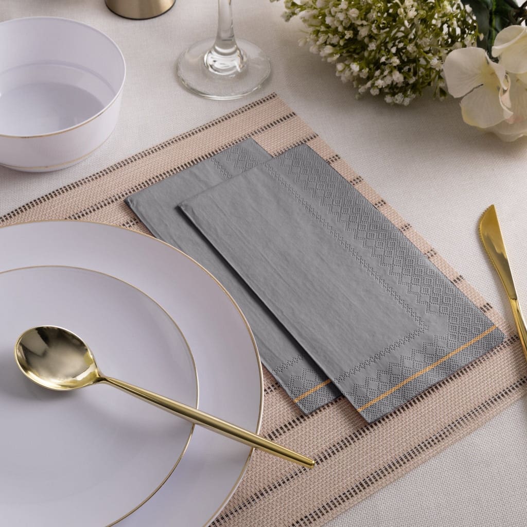 Luxe Party Napkins 16 Dinner Napkins - 4.25" x 7.75" Grey with Gold Stripe Guest Paper Napkins | 16 Napkins