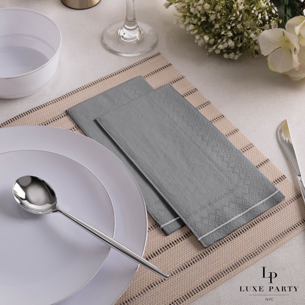 Luxe Party Napkins 16 Dinner Napkins Grey with Silver Stripe Guest Paper Napkins | 16 Napkins