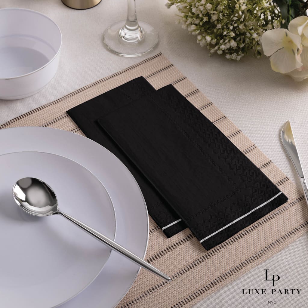 Luxe Party Napkins 16 Guest Napkins - 4.25" x 7.75" Black with Silver Stripe Guest Paper Napkins | 16 Napkins
