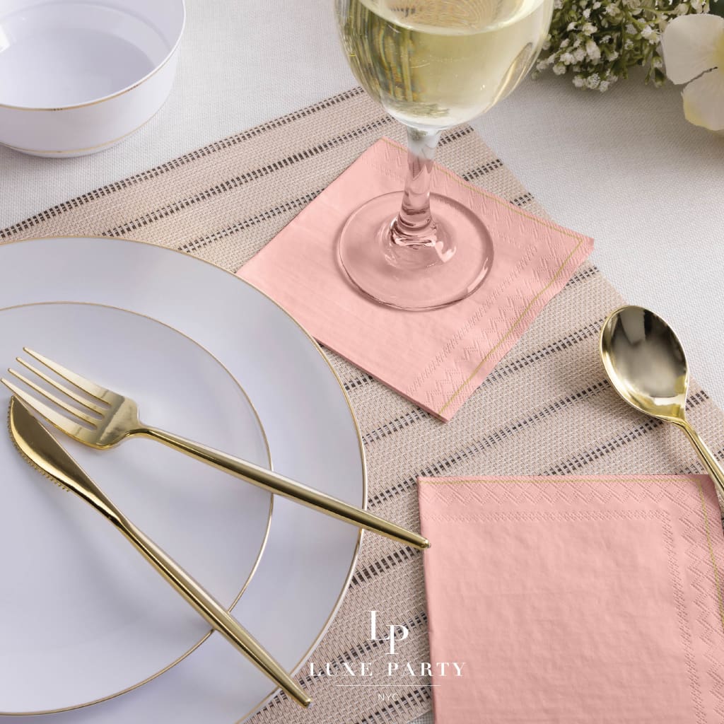 Luxe Party Napkins 20 Beverage Napkins - 5" x 5" Coral with Gold Stripe Paper Cocktail Napkins | 20 Napkins