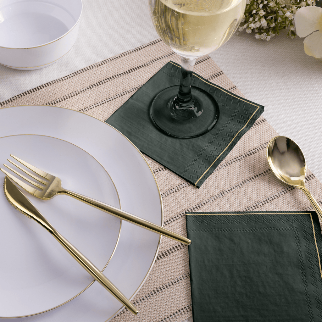 Luxe Party Napkins 20 Beverage Napkins - 5" x 5" Emerald with Gold Stripe Paper Cocktail Napkins | 20 Napkins