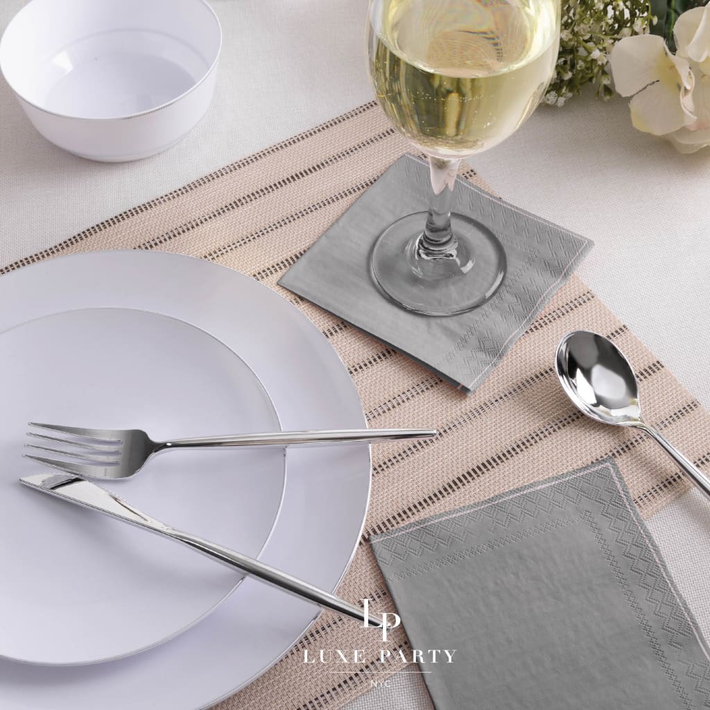 Luxe Party Napkins 20 Beverage Napkins - 5" x 5" Grey with Silver Stripe Paper Cocktail Napkins | 20 Napkins
