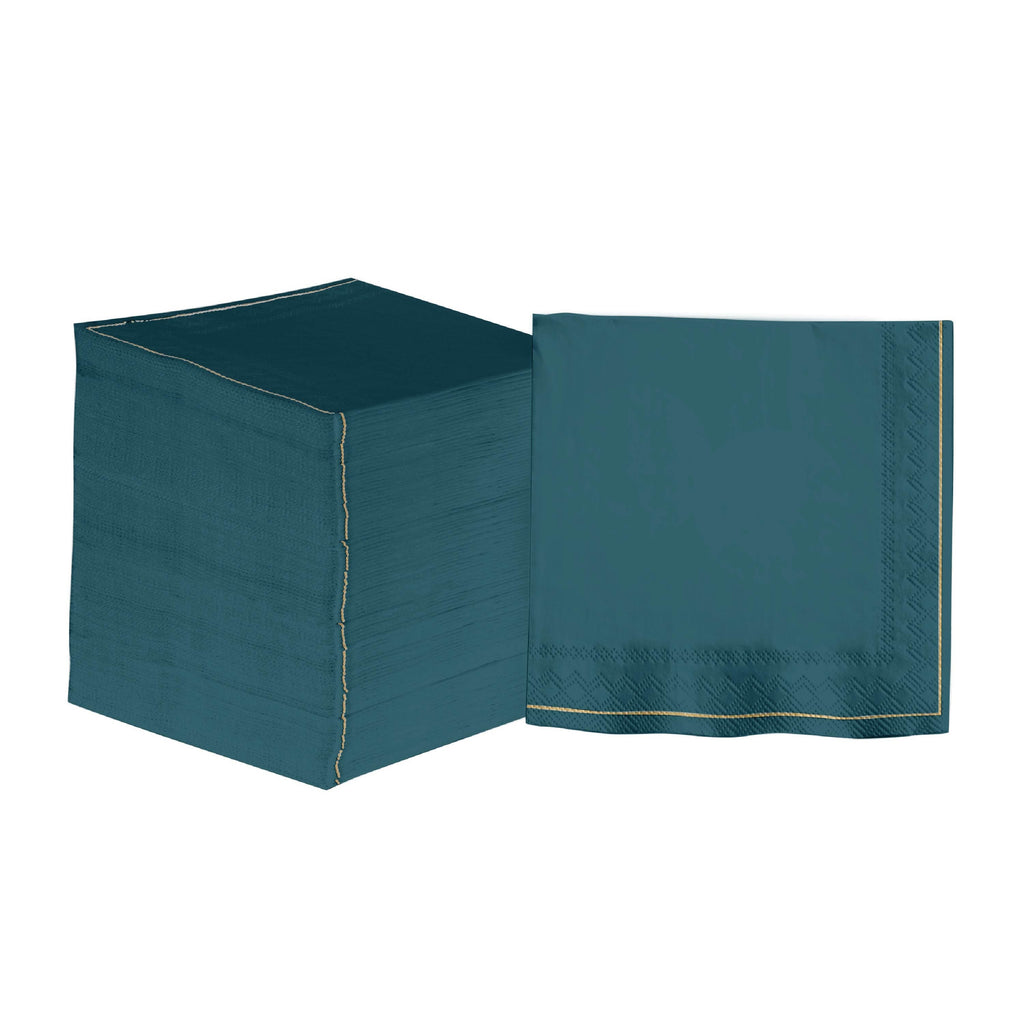 Luxe Party NYC Napkins 20 Beverage Napkins - 5" x 5" Teal with Gold Stripe Paper Cocktail Napkins | 20 Napkins