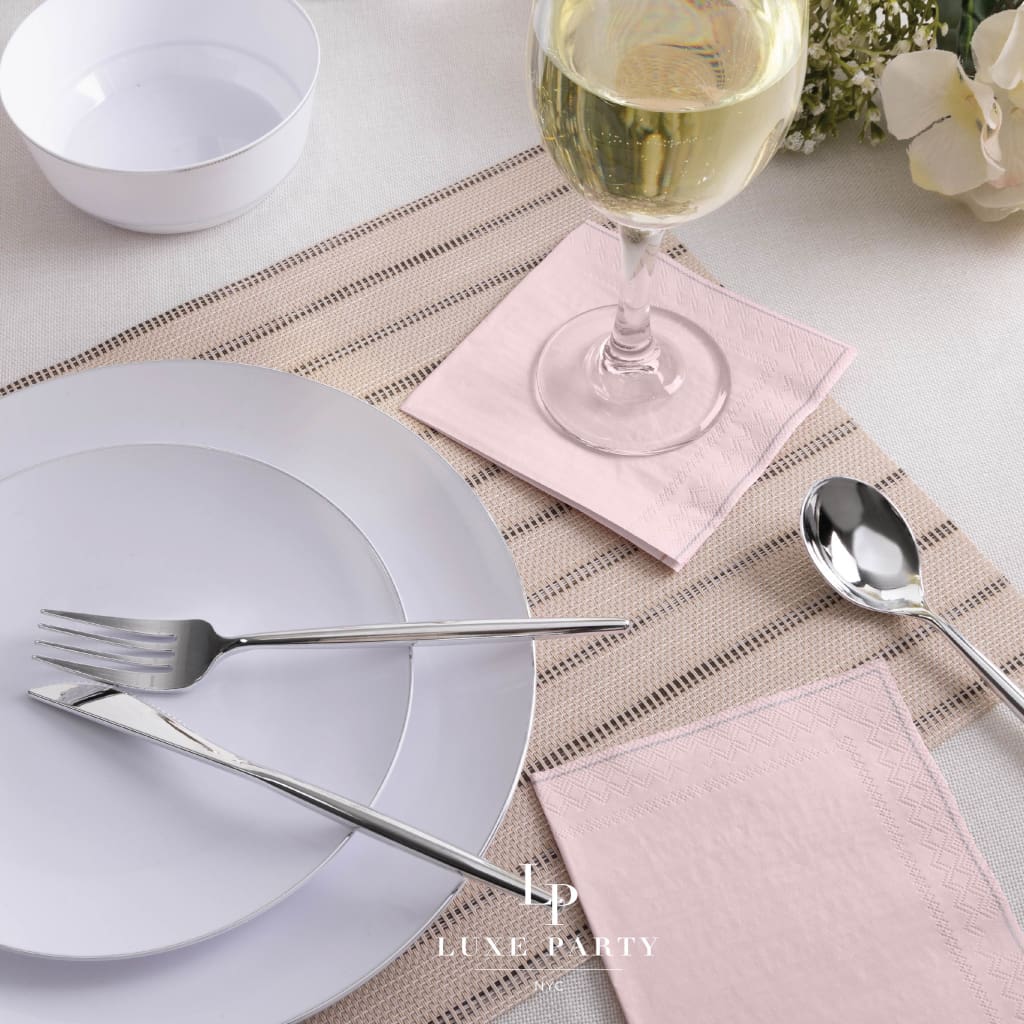Luxe Party Napkins 20 Lunch Napkins - 6.5" x 6.5" Blush with Silver Stripe Lunch Paper Napkins | 20 Napkins
