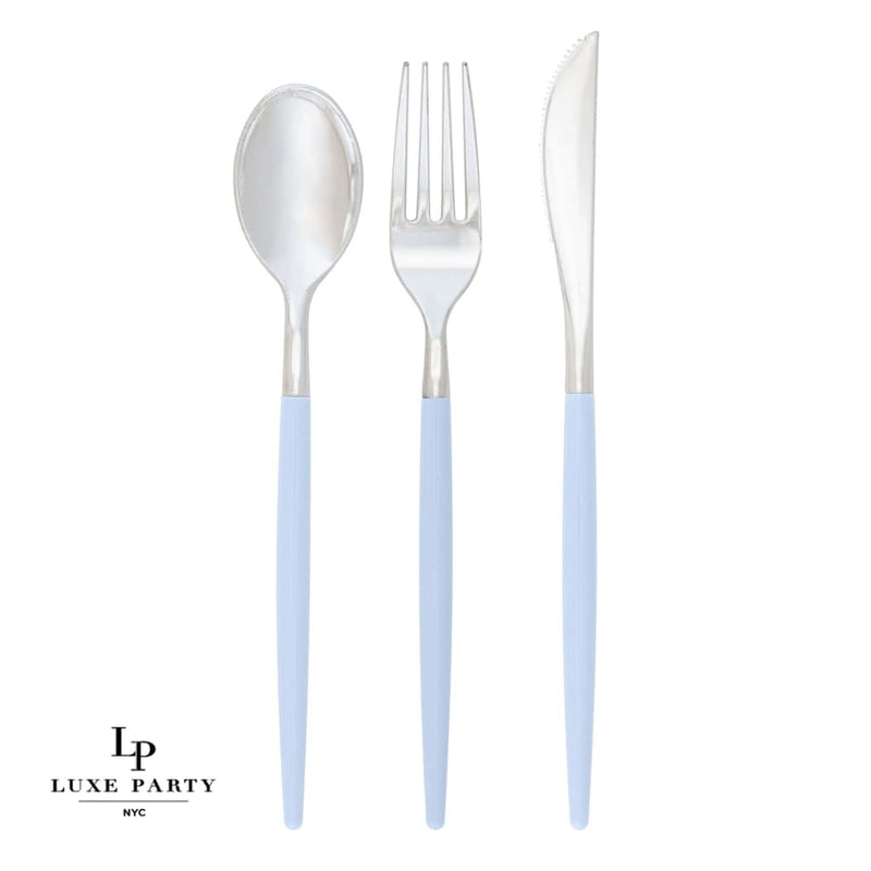 Luxe Party NYC Two Tone Cutlery Ice Blue • Silver Plastic Cutlery Set | 32 Pieces