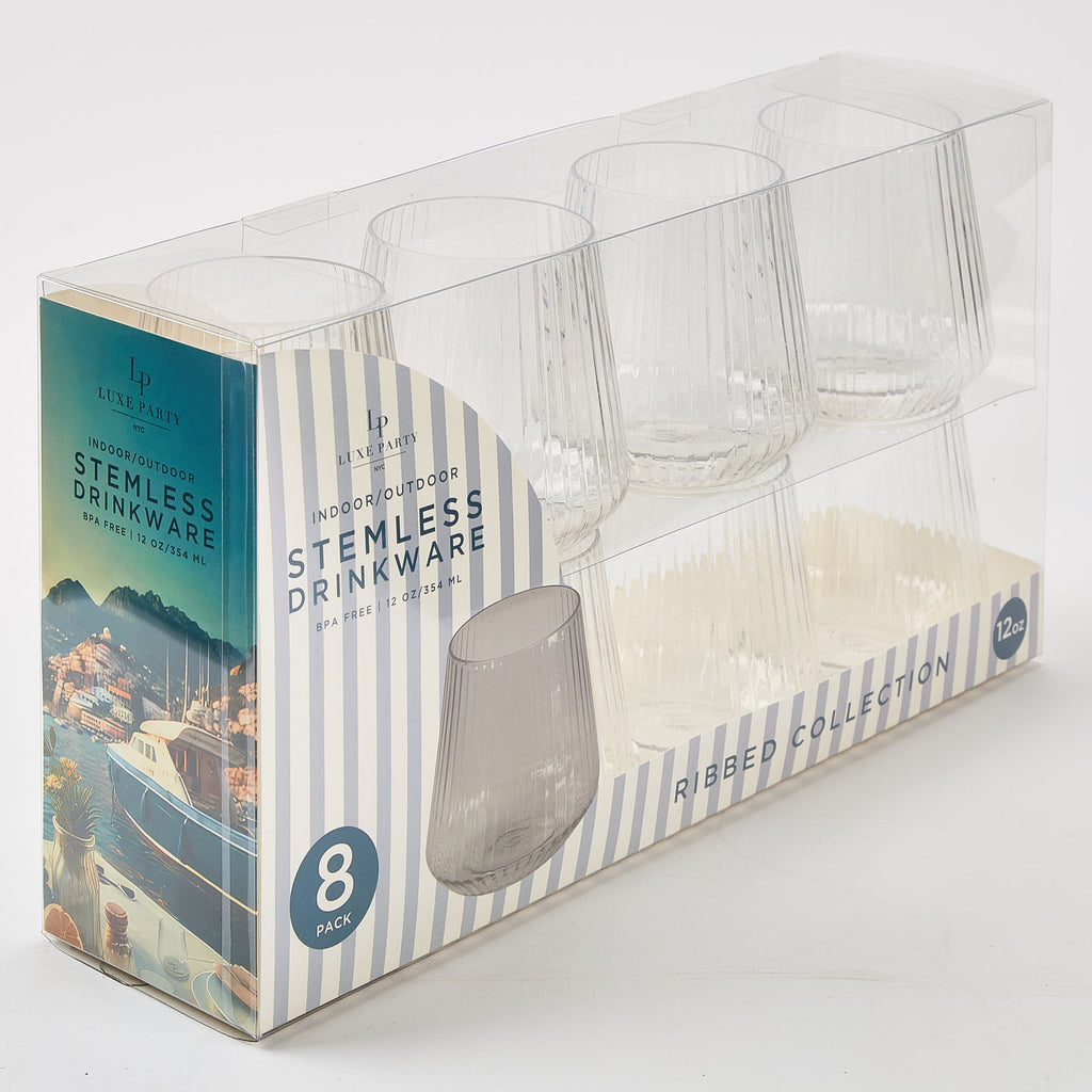Luxe Party NYC Wine Cups Upscale RIBBED Clear 12 Oz. Plastic Wine Goblets | 8 Cups