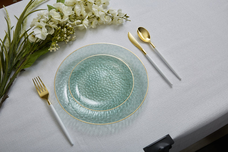 Round Sage Green Pebble Plate and Gold Plastic Plates Set Luxe Party Luxe Party NYC
