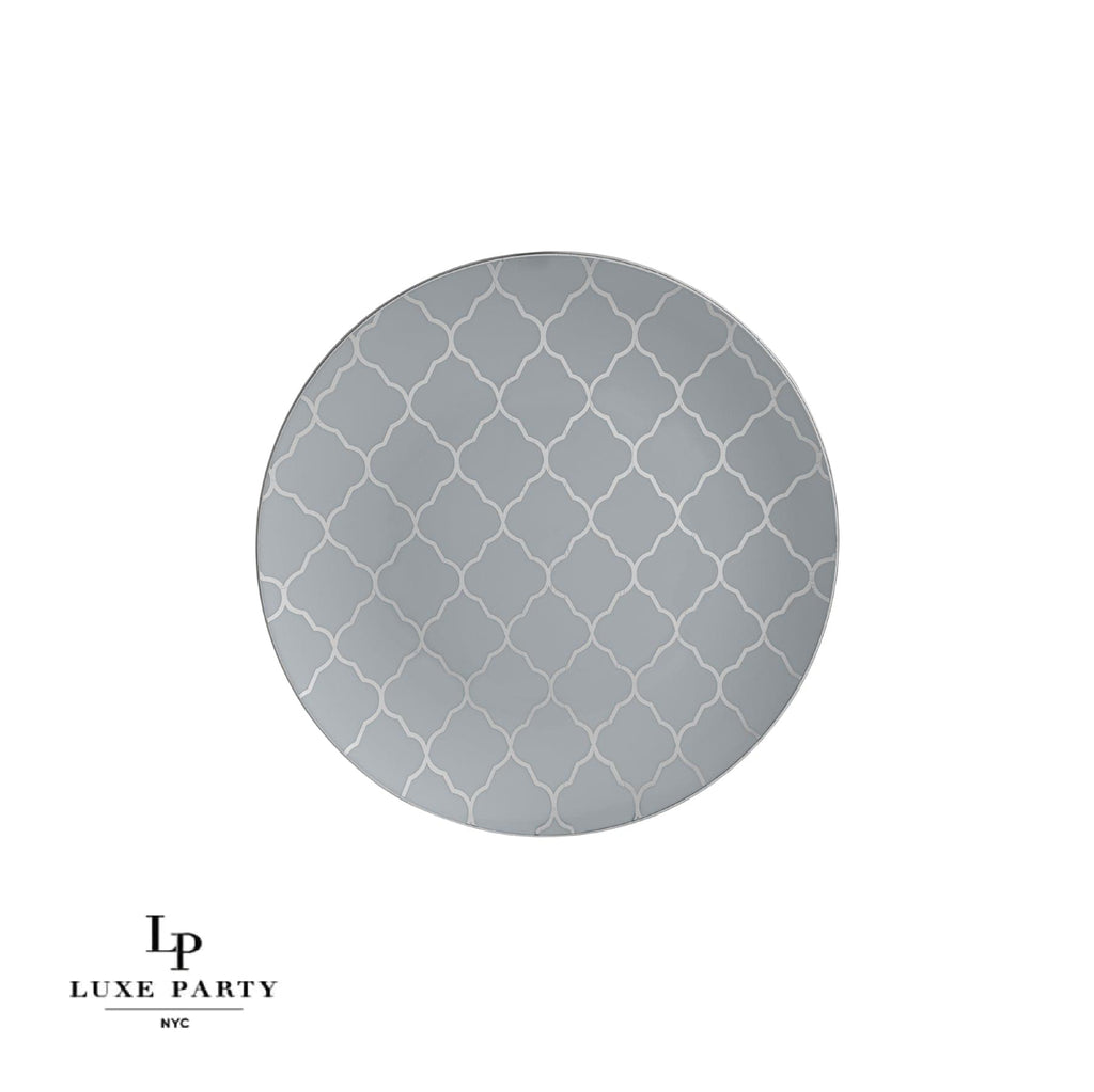 Round Accent Pattern Plastic Plates 7.25" Appetizer Plates Round Grey • Silver Lattice Pattern Plastic Plates | 10 Pack