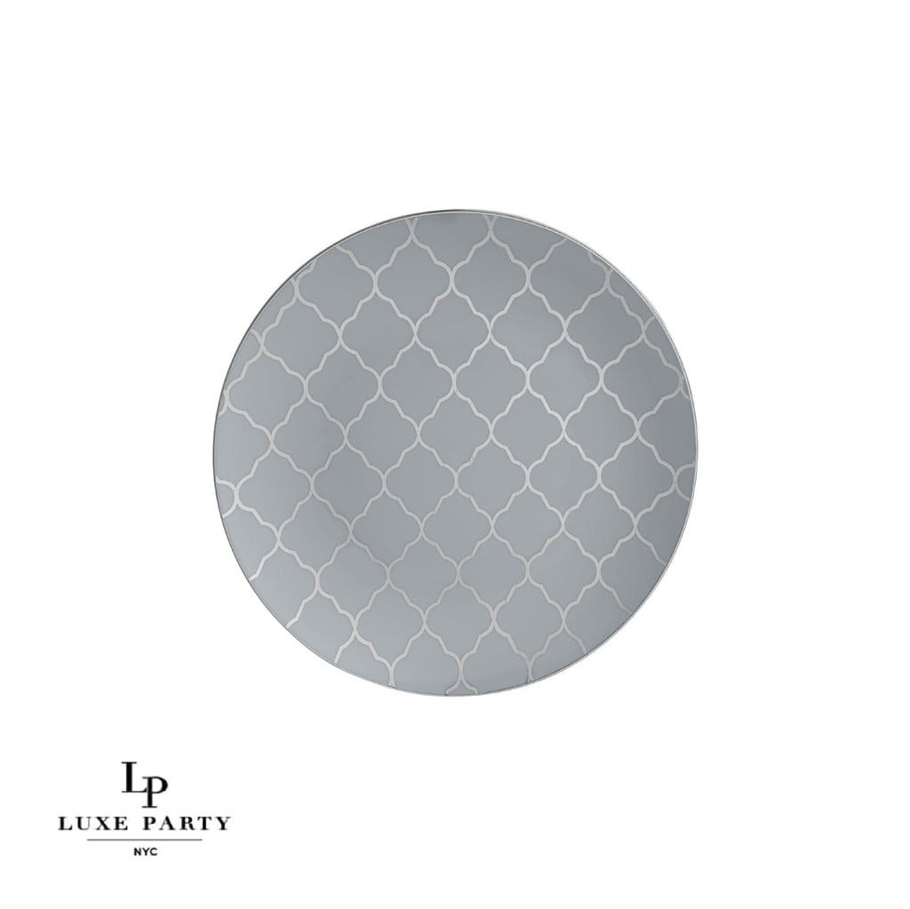 Round Accent Pattern Plastic Plates Round Grey • Silver Lattice Pattern Plastic Plates | 10 Pack