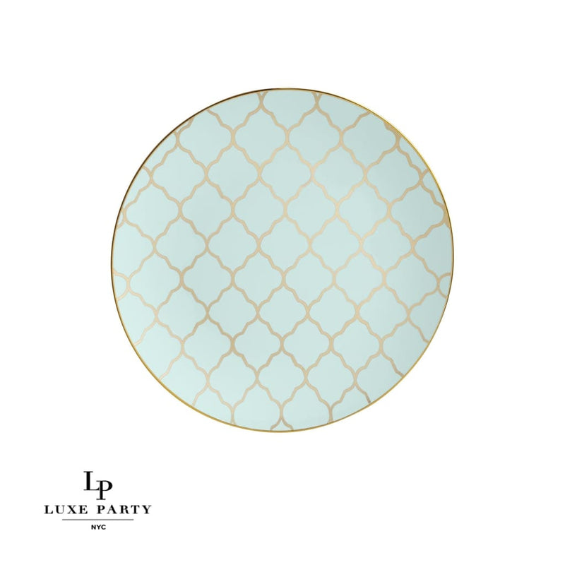 Round Accent Pattern Plastic Plates Round Mint • Gold Lattice Pattern Plastic Plates | 10 Pack
