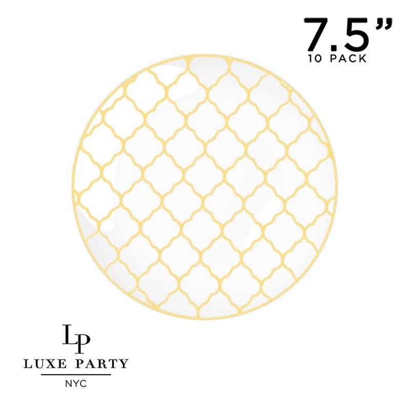 Round Accent Pattern Plastic Plates Round White • Gold Lattice Pattern Plastic Plates | 10 Pack
