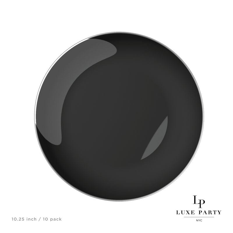 Round Accent Plastic Plates 10.25" Dinner Plates Black • Silver Round Plastic Plates | 10 Pack