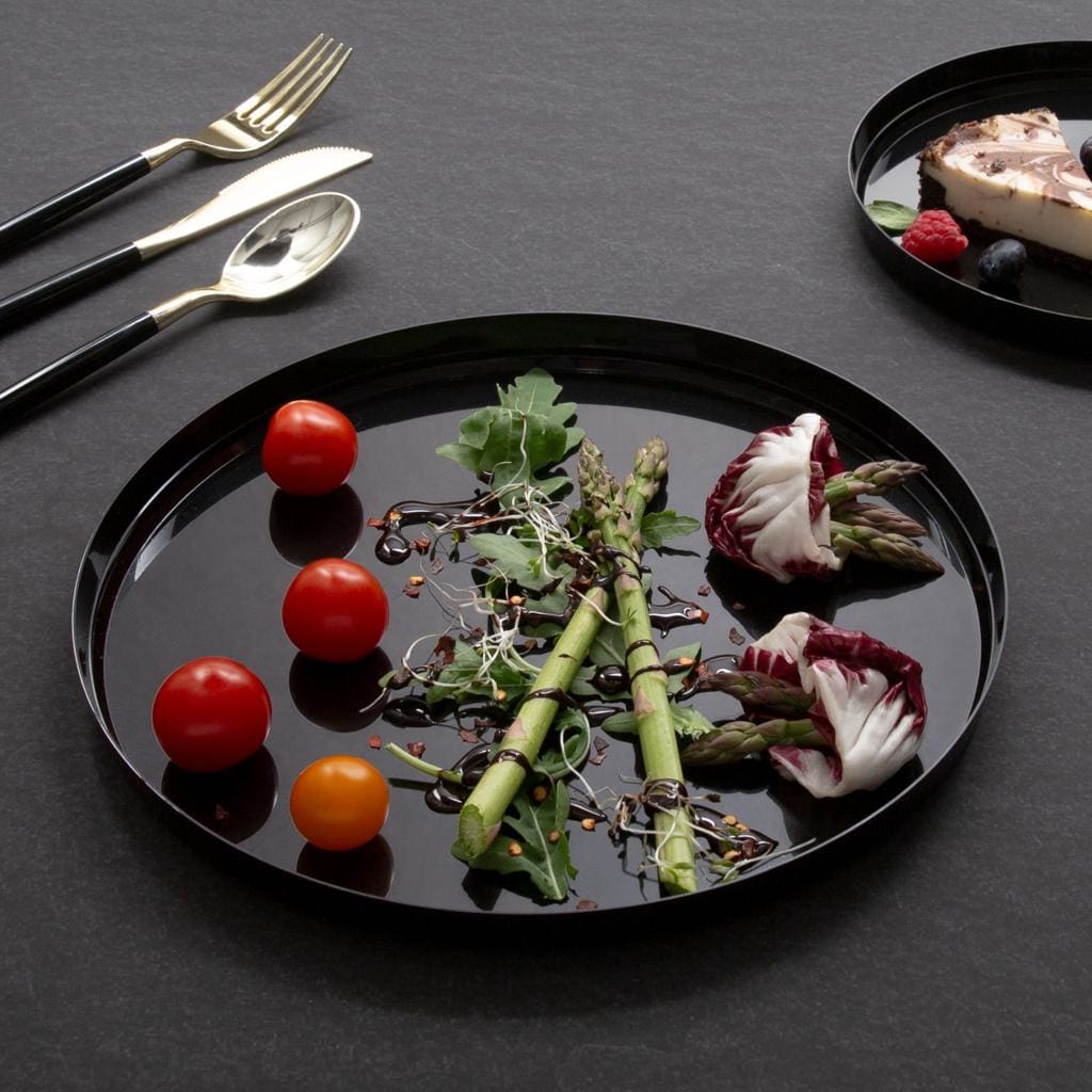 Round Accent Plastic Plates Round Black Walled Plastic Plates | Luxe Party