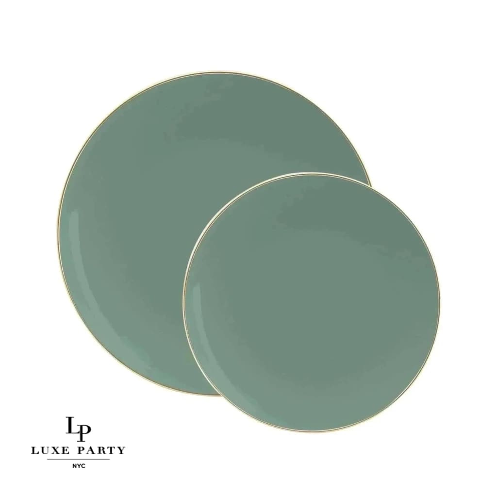 Luxe Party Plastic Plates 20 Dinner and 20 Salad Plates Round Sage Green and Gold Plastic Plates Set | 40 Pack