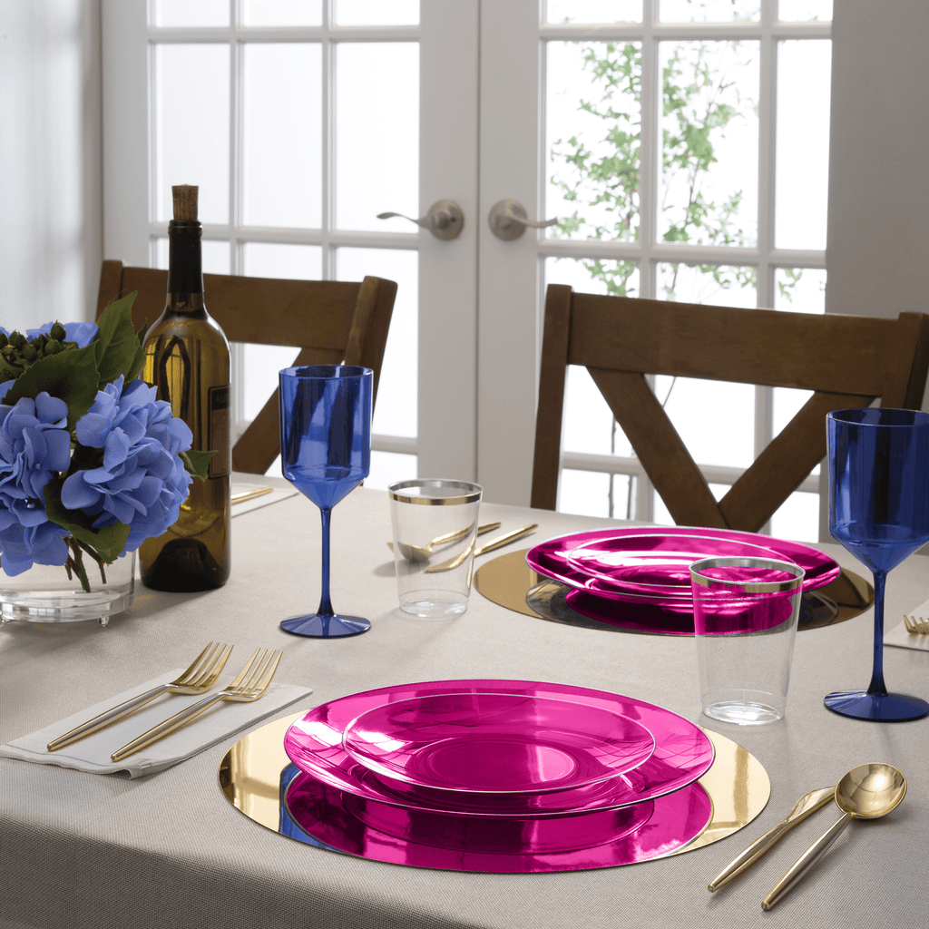 Round Accent Plastic Plates Round Transparent Hot Pink • Gold Plastic Plates | 10 Pack