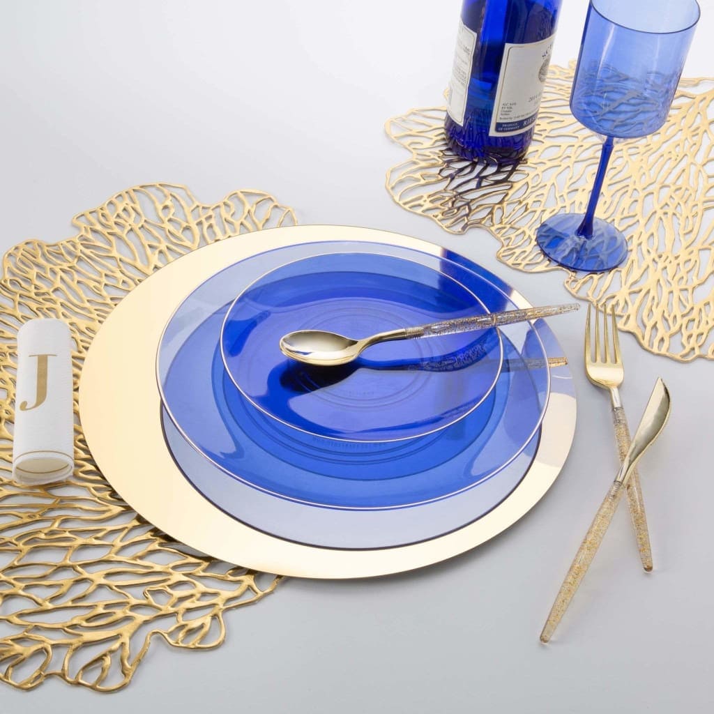 Round Accent Plastic Plates Transparent Bartenura Blue  • Gold Round Plastic Plates | 10 Pack