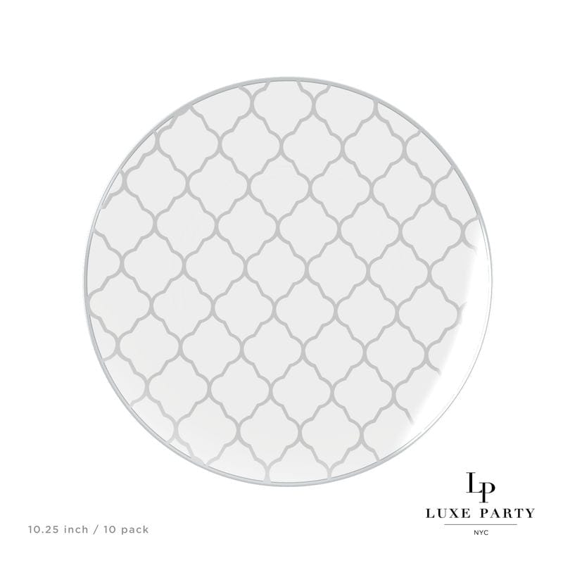 Round Lattice Plastic Plates 10.25" Dinner Plates Round Clear • Silver Lattice Pattern Plastic Plates | 10 Pack