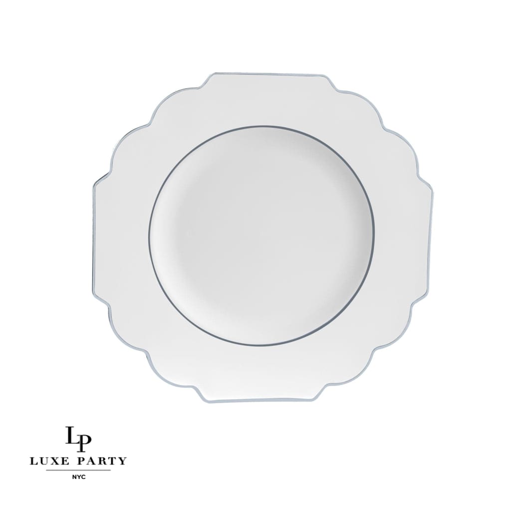 Scallop Design Plastic Plates 10.7" Dinner Plates / 10 Plastic Plates Scalloped White • Silver Plastic Plates | 10 Pack
