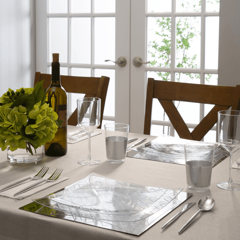 Square Clear Silver Pattern Plastic Plates 10 Plates Luxe