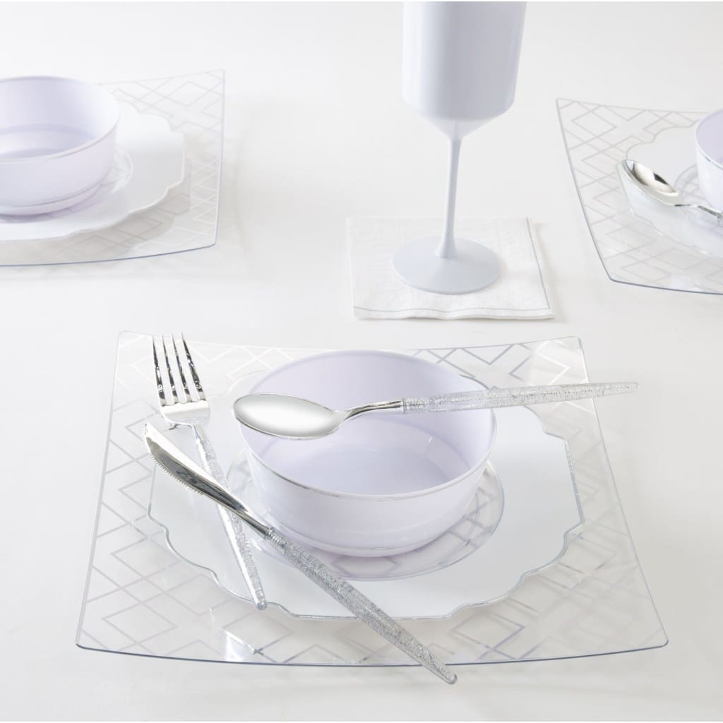 Elegant 8 Square Coupe White Silver Pattern Plastic Plates 10 elegant-8-square-coupe-white-silver-pattern-plastic-plates-10