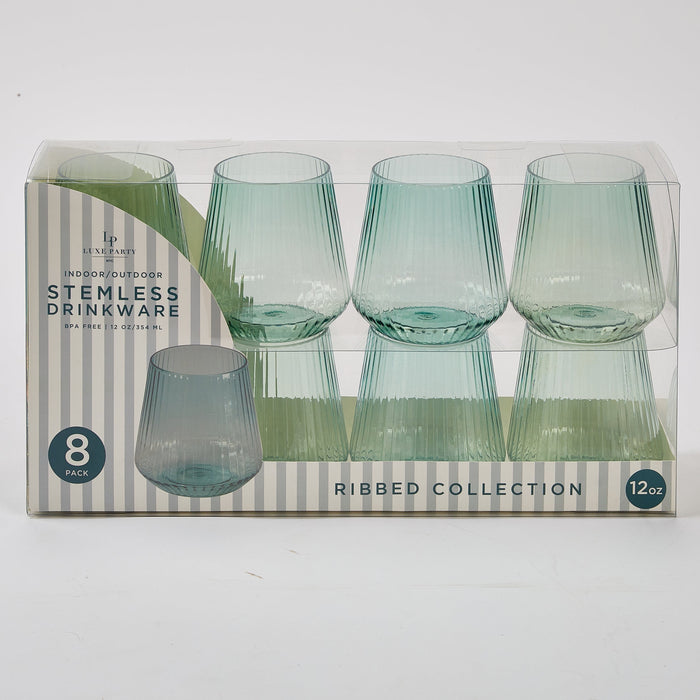 Luxe Party NYC Wine Cups Upscale RIBBED Blue 12 Oz. Plastic Wine Goblets | 8 Cups