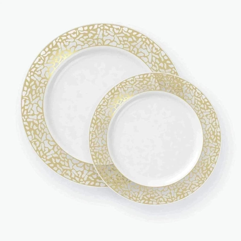 Classic Lace 7.5" Appetizer Plates / 10 Plastic Plates Round Lace White • Gold Plastic Plates | 10 Plates