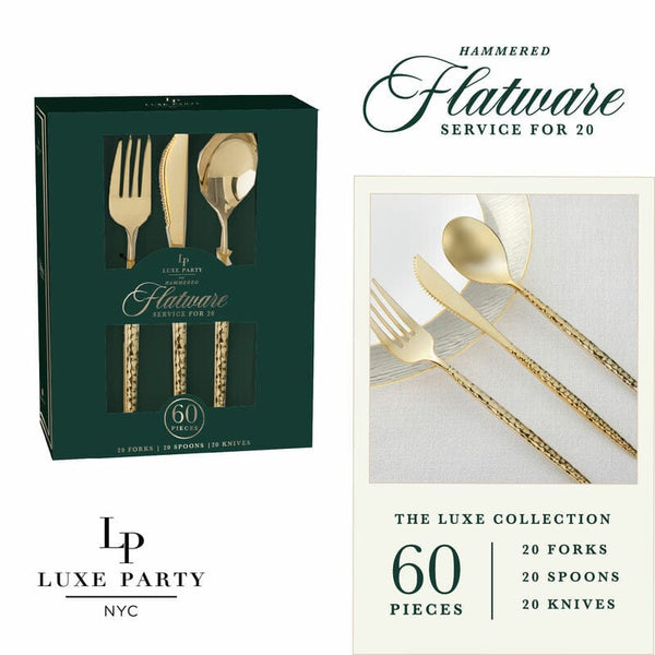 Luxe Party Cutlery Set Matrix Hammered Gold Plastic Cutlery Set | 60 Pieces