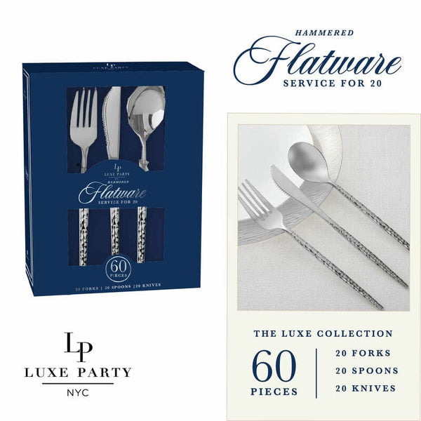 Luxe Party Cutlery Set Matrix Hammered Silver Plastic Cutlery Set | 60 Pieces
