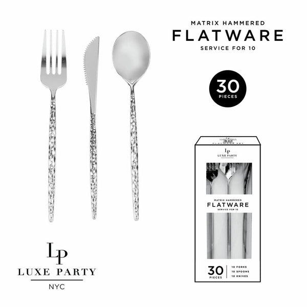 Luxe Party Cutlery Set Matrix Silver Hammered Plastic Cutlery Set | 30 Pieces