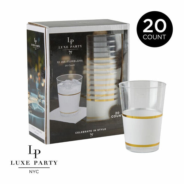 Luxe Party Disposable Cups White and Gold Plastic Cups | 20 Cups