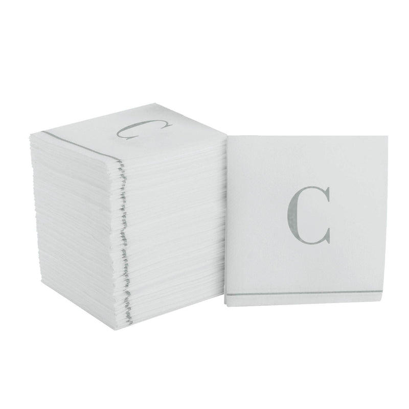 Luxe Party Napkins 16 Cocktail Napkins - 5" x 5" Letter C Silver Monogram Cocktail Paper Disposable Napkins | 16 Napkins