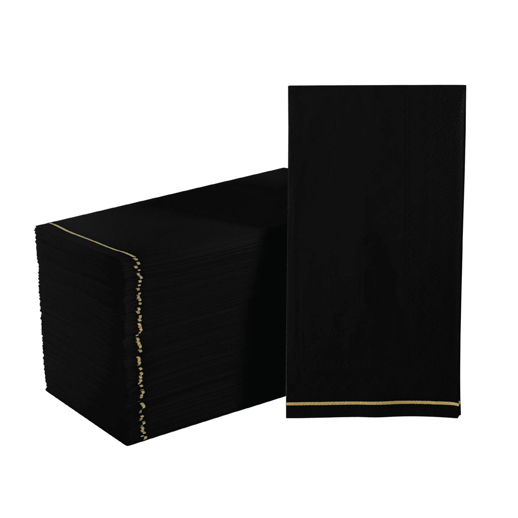 Luxe Party Napkins 16 Dinner Napkins - 4.25" x 7.75" Black with Gold Stripe Guest Paper Napkins | 16 Napkins