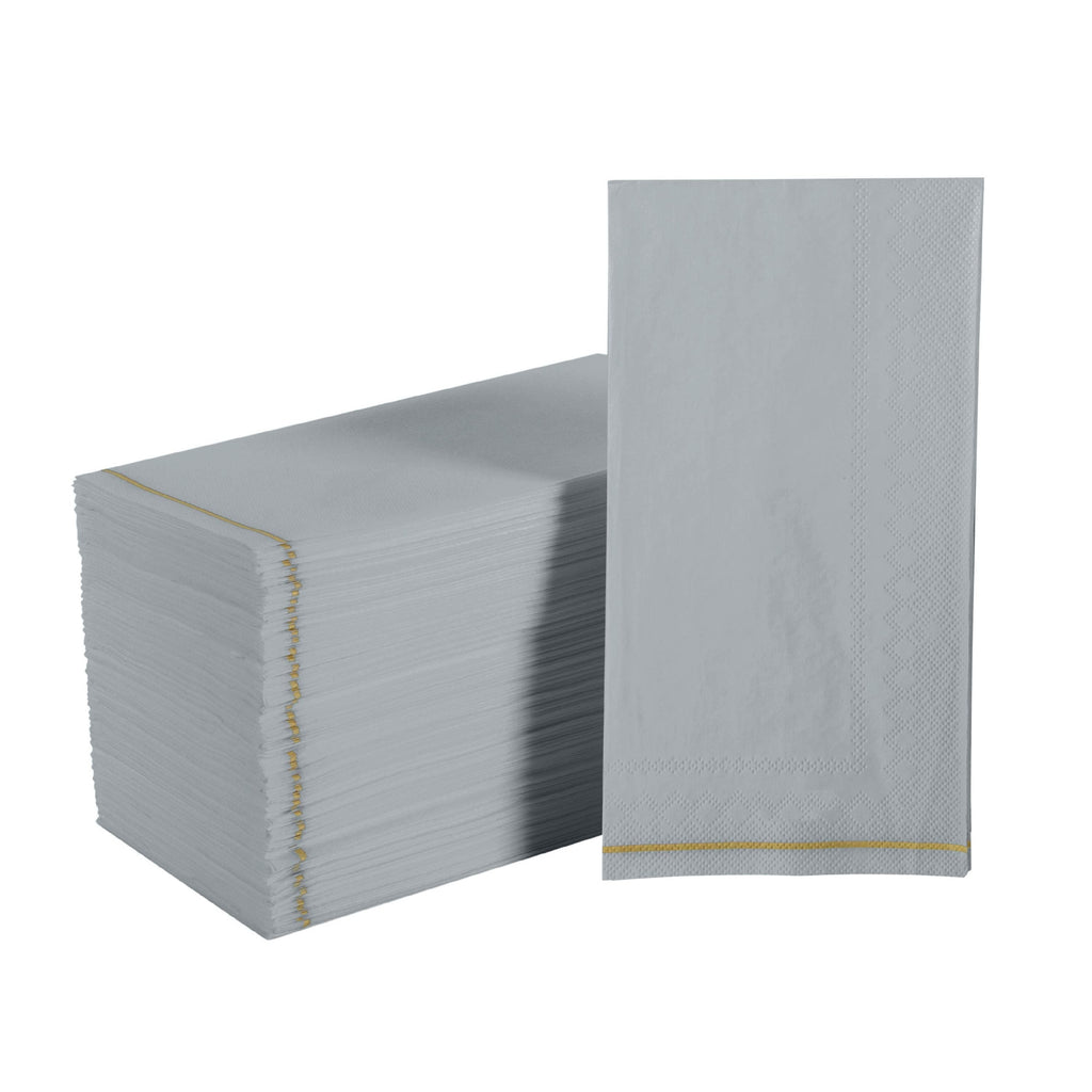 Luxe Party Napkins 16 Dinner Napkins - 4.25" x 7.75" Grey with Gold Stripe Guest Paper Napkins | 16 Napkins