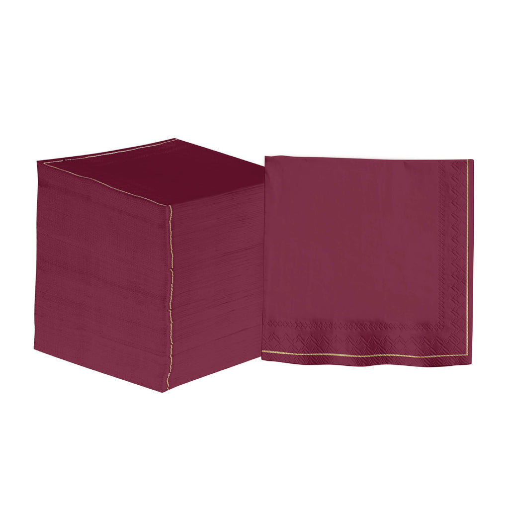Luxe Party Napkins 20 Beverage Napkins - 5" x 5" Cranberry with Gold Stripe Paper Cocktail Napkins | 20 Napkins