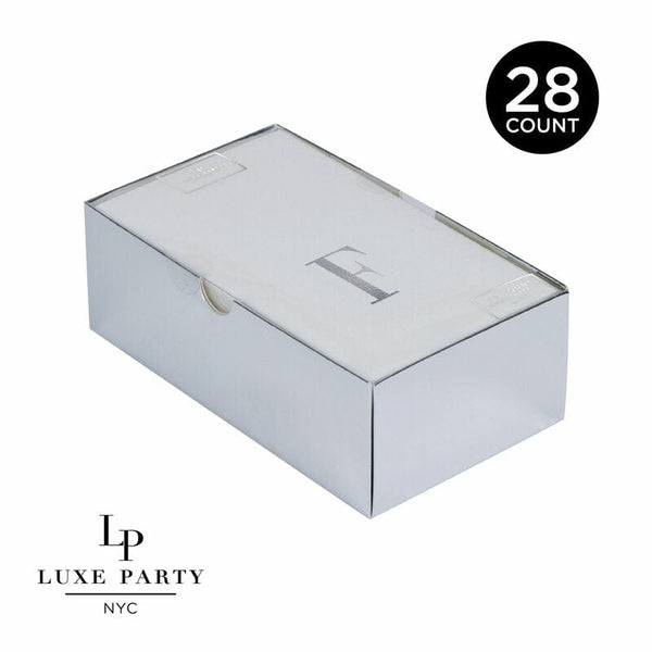 Luxe Party Napkins 28 Guest Napkins - 4.25" x 7.75" Letter F Silver Foil Monogram Paper Dinner Napkins with Gift Box | 28 Napkins