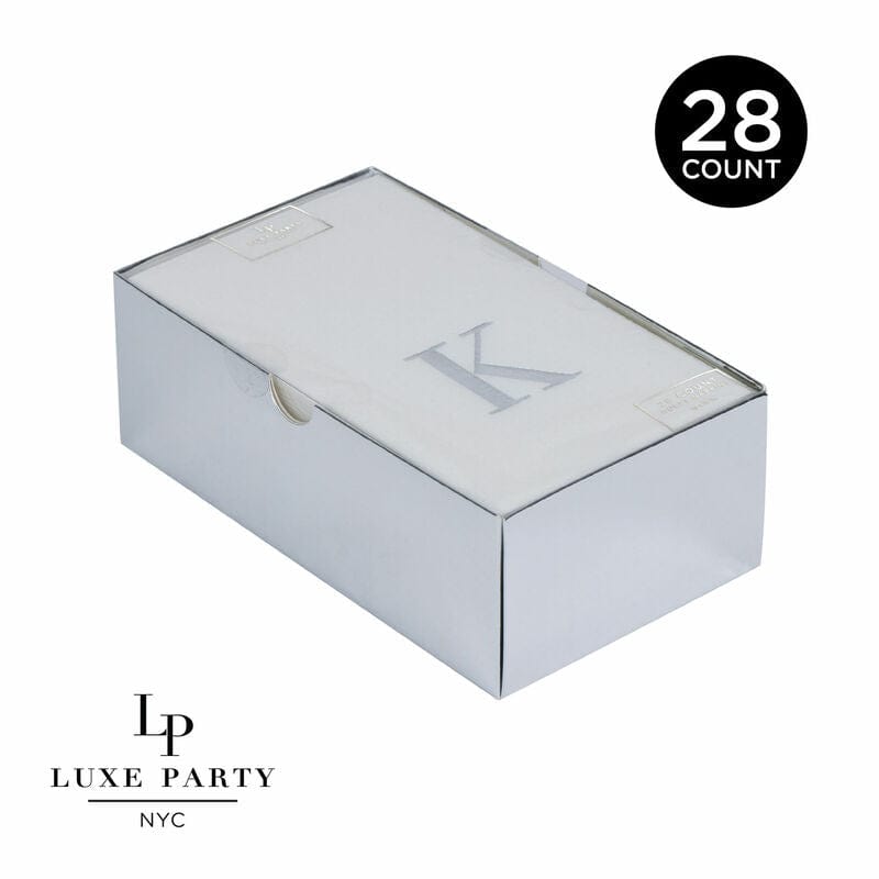 Luxe Party Napkins 28 Guest Napkins - 4.25" x 7.75" Letter K Silver Foil Monogram Paper Dinner Napkins with Gift Box | 28 Napkins