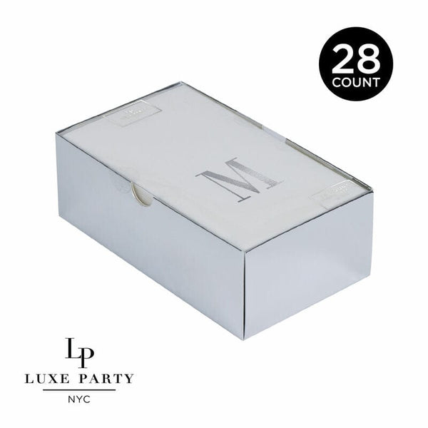 Luxe Party Napkins 28 Guest Napkins - 4.25" x 7.75" Letter M Silver Foil Monogram Paper Dinner Napkins with Gift Box | 28 Napkins