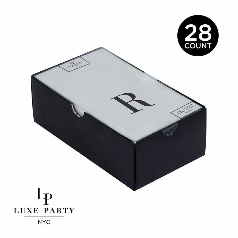 Luxe Party Napkins 28 Guest Napkins - 4.25" x 7.75" Letter R Black Foil Monogram Paper Dinner Napkins with Gift Box | 28 Napkins