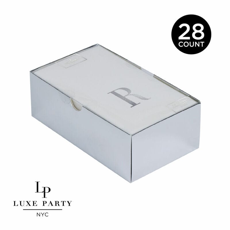 Luxe Party Napkins 28 Guest Napkins - 4.25" x 7.75" Letter R Silver Foil Monogram Paper Dinner Napkins with Gift Box | 28 Napkins