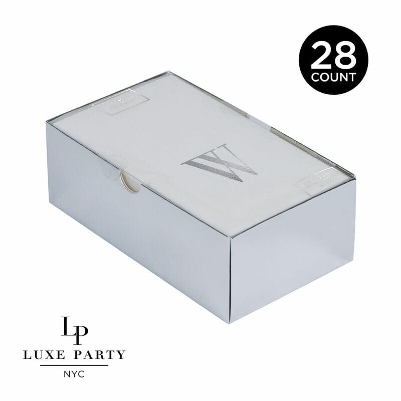 Luxe Party Napkins 28 Guest Napkins - 4.25" x 7.75" Letter W Silver Foil Monogram Paper Dinner Napkins with Gift Box | 28 Napkins