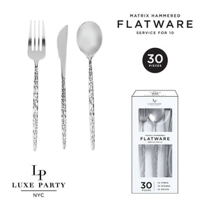 Luxe Party NYC Cutlery Set Matrix Silver Hammered Plastic Cutlery Set | 30 Pieces