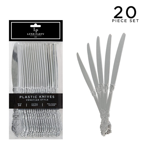 Luxe Party NYC Knives Venetian Design Silver Plastic Knives | 20 Knives